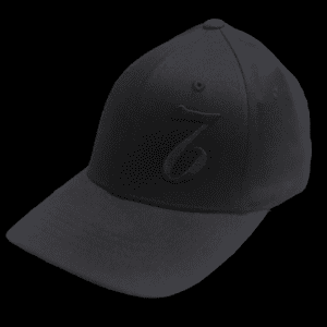 A black hat with the letter c on it.