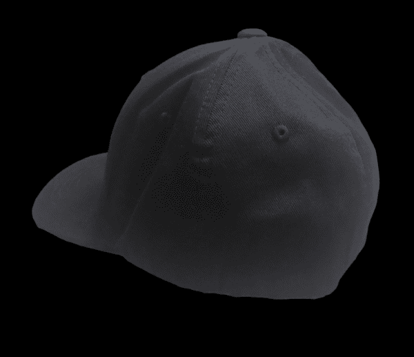 A black hat with a small dot on the side of it.