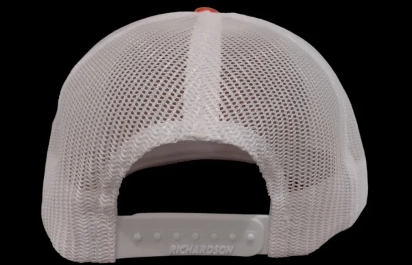 A white mesh hat with an orange and black logo.