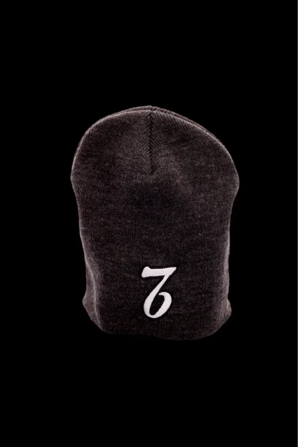 A black beanie with the number seven on it.