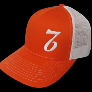 A red and white hat with the number seven on it.