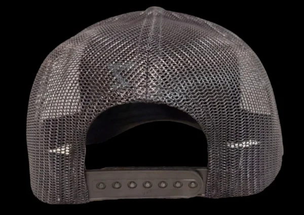 A gray mesh hat with a black and white logo.