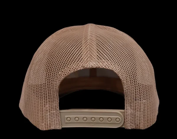 A tan hat with a brown mesh back.