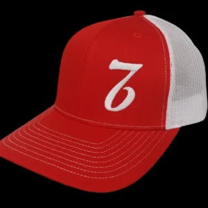 A red and white hat with the number seven on it.