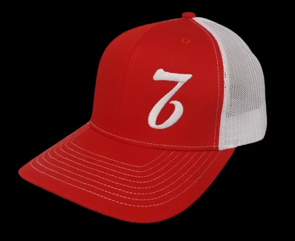 A red and white hat with the number seven on it.