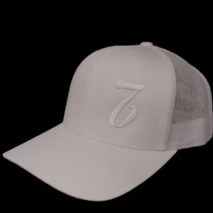 A white hat with the number seven on it.