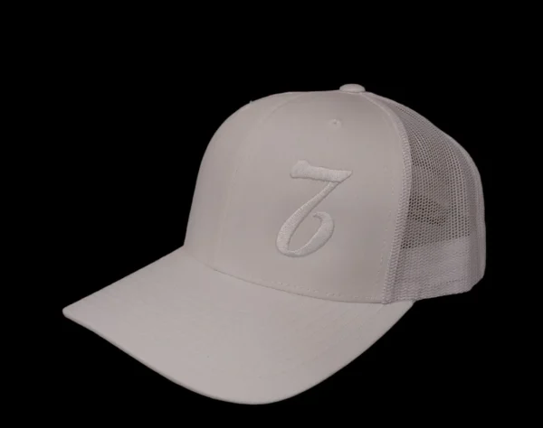 A white hat with the number seven on it.