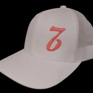 A white hat with the number seven on it.