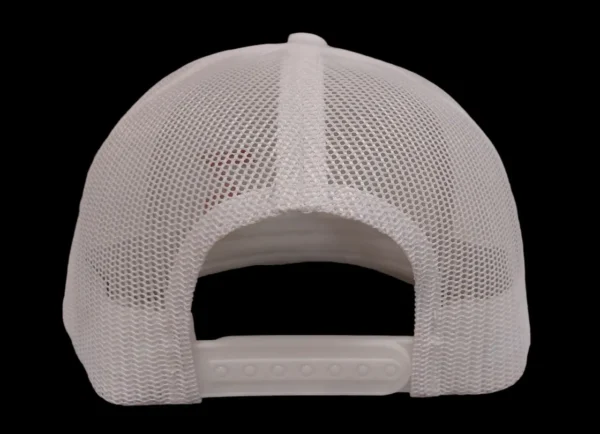 A white hat with a mesh back and a black strap.