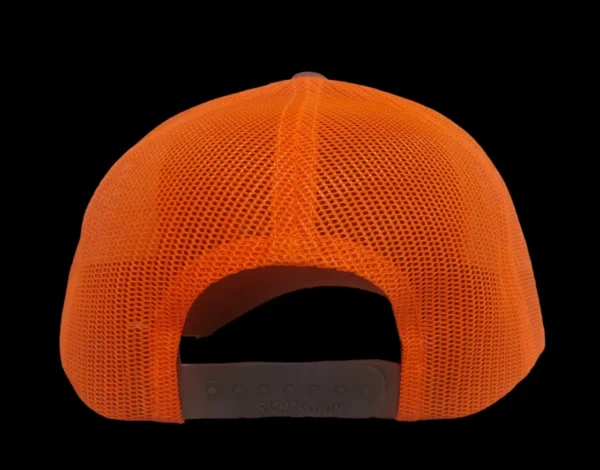 A neon orange hat with an arrow on it.