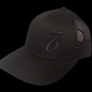 A black hat with the number seven on it.