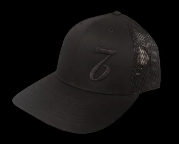 A black hat with the number seven on it.