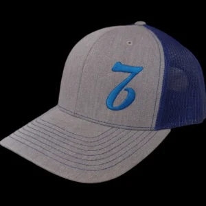 A gray and blue hat with the number seven on it.