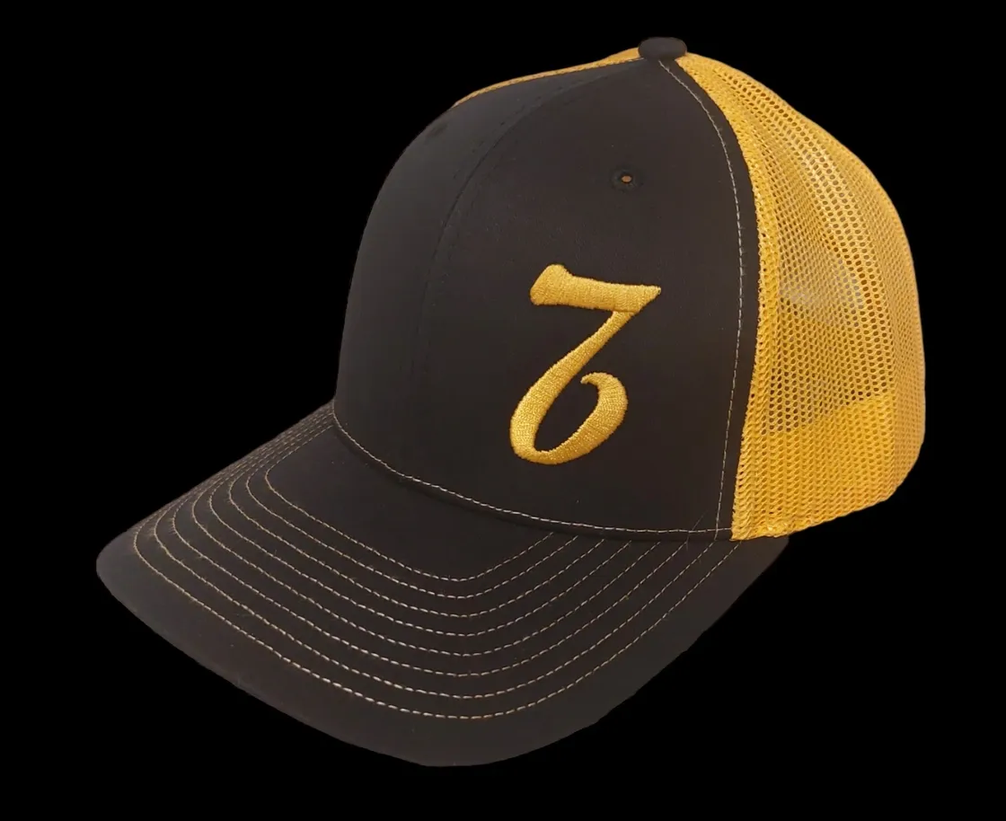 A black and yellow hat with the letter z on it.