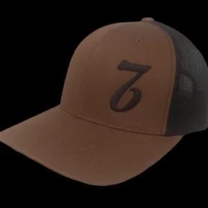 A brown and black hat with the number seven on it.