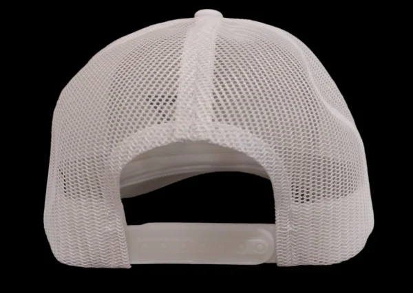 A white hat with a mesh back and a black ribbon.