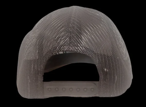 A mesh cap with an open back and a white front.