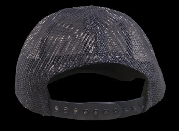 A black hat with a mesh back and leather brim.