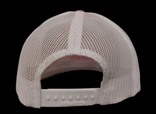 A white mesh hat with a red and black stripe on the back.