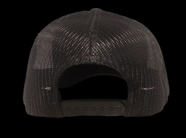 A black hat with a mesh back and a brown brim.