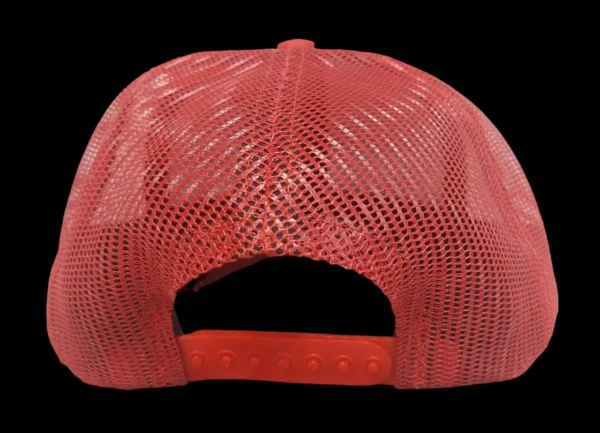 A red hat with a mesh back and a red strap.