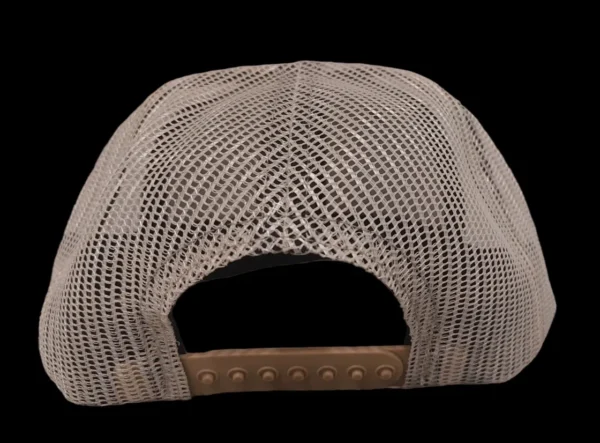 A white hat with a brown brim and black mesh.