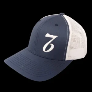 A blue and white hat with the number seven on it.