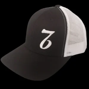 A black and white hat with the number seven on it.