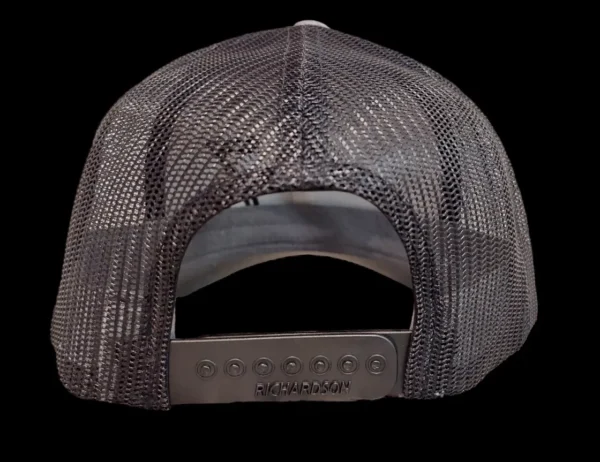 A black and white hat with a silver mesh back.