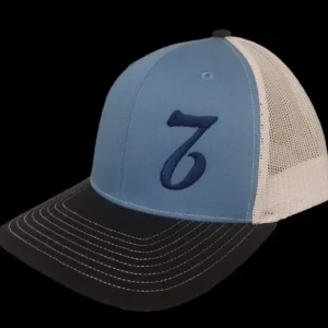 A blue and white hat with the number seven on it.