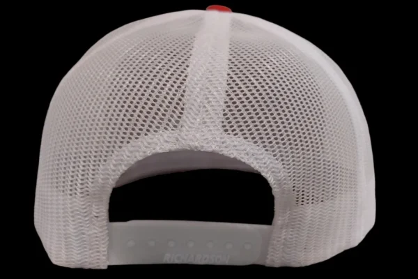 A white mesh hat with an orange patch on the back.